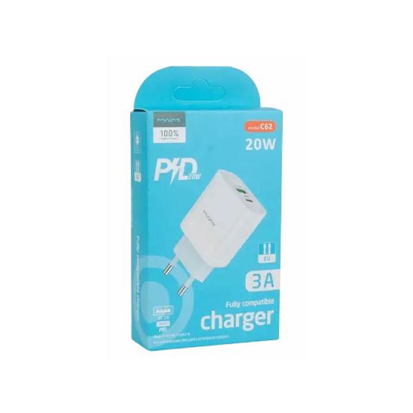 BOITIER CHARGEUR C62 2USB PD 3.0 3A 20W BLANC