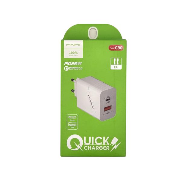 BOITIER CHARGEUR C90 DUAL TYPE C 20W + USB QC 3.0 BLANC