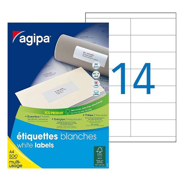 ETIQUETTE BLANC A4 14 AUTOCOLLANTS PREDECOUPES AGIPA (IMPRESSION / PCE)