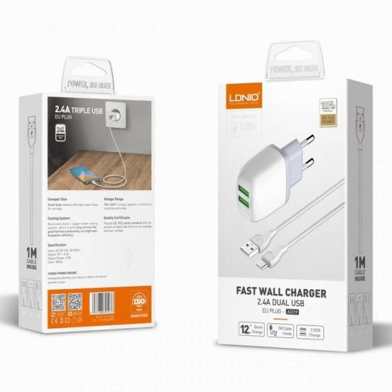 KIT CHARGEUR A2219 C DUAL USB 2.4A USB AVEC CABLE TYPE C