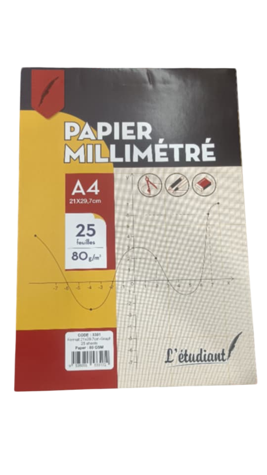 BLOC PAPIER MILLIMETRE ETUDIANT A4 25FEUILLES