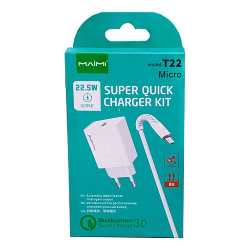 [STO:KIT -05928] KIT CHARGEUR T22 MICRO USB QC 3.0 22,5W AVEC CABLE MICRO BLANC